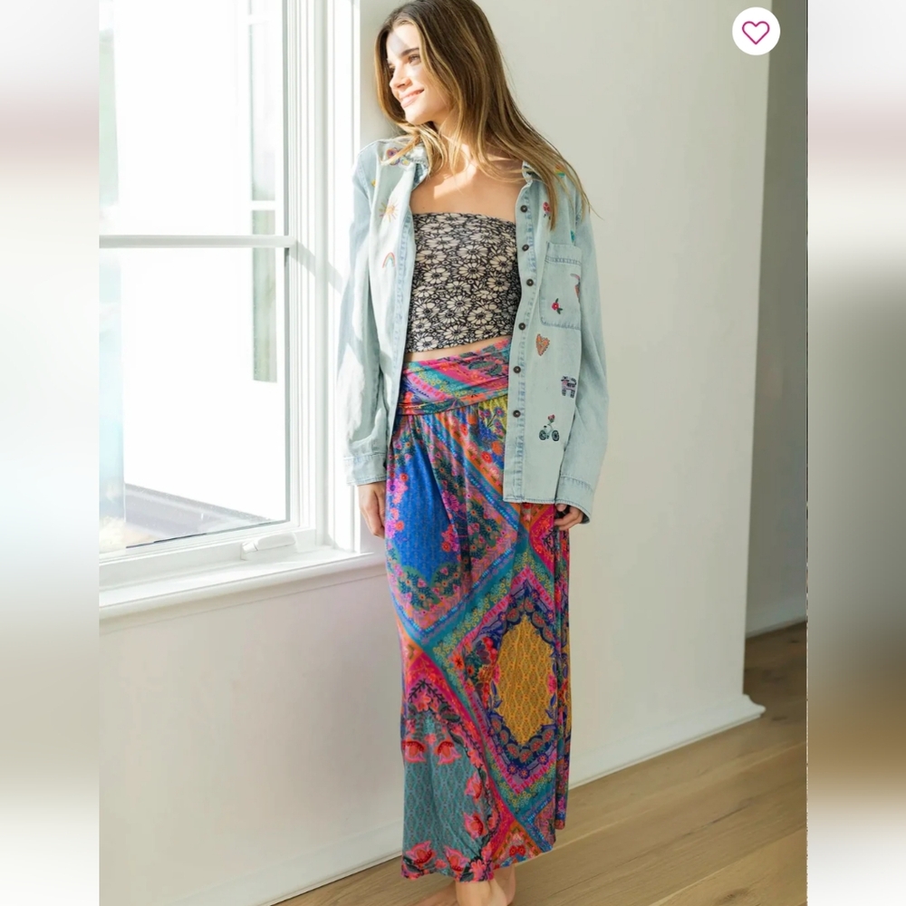 Natural Life Live-In-It Knit "ButterSoft" Maxi Boho Rainbow Diamonds Skirt NWT